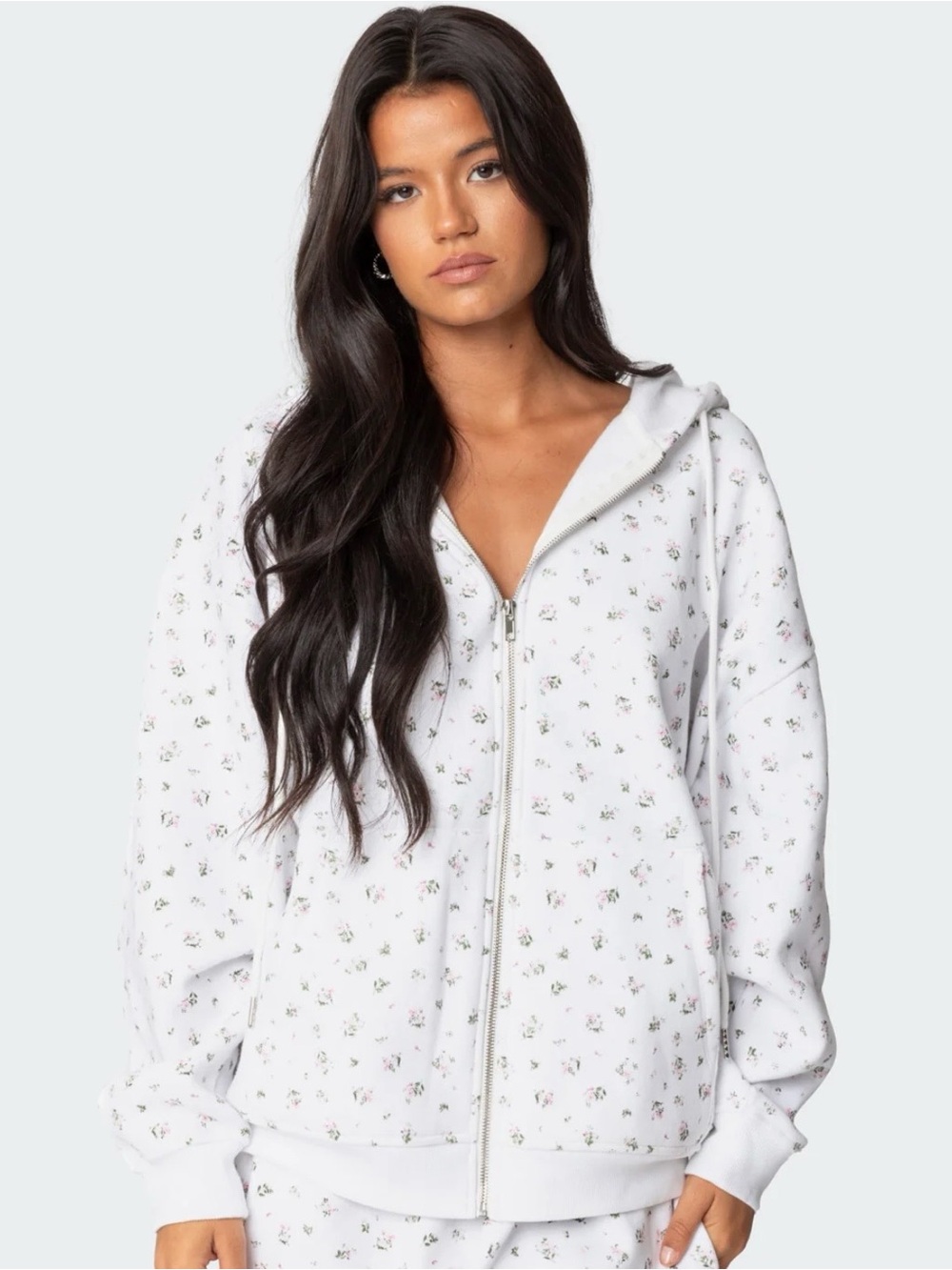 Edikted Oversized Women's White Floral Zip Hoodie- Bouquet